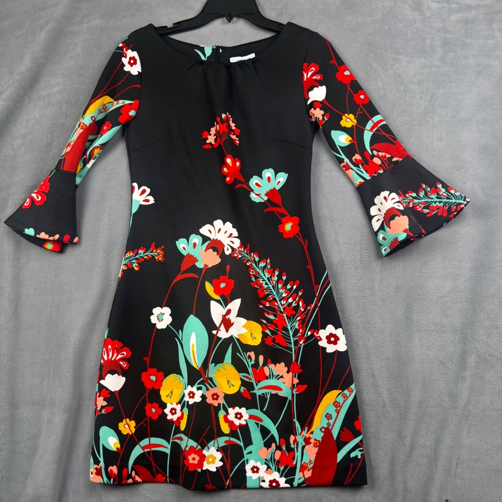 New York & Company Floral Bell Sleeve Sheath Dress Black Red XS Stretch